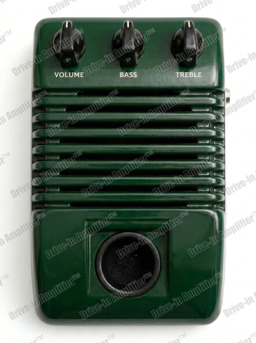 Top view of a Colin Chapman Lotus amplifier in British Racing Green showing three knobs and the quarter-inch input in the recessed scoop
