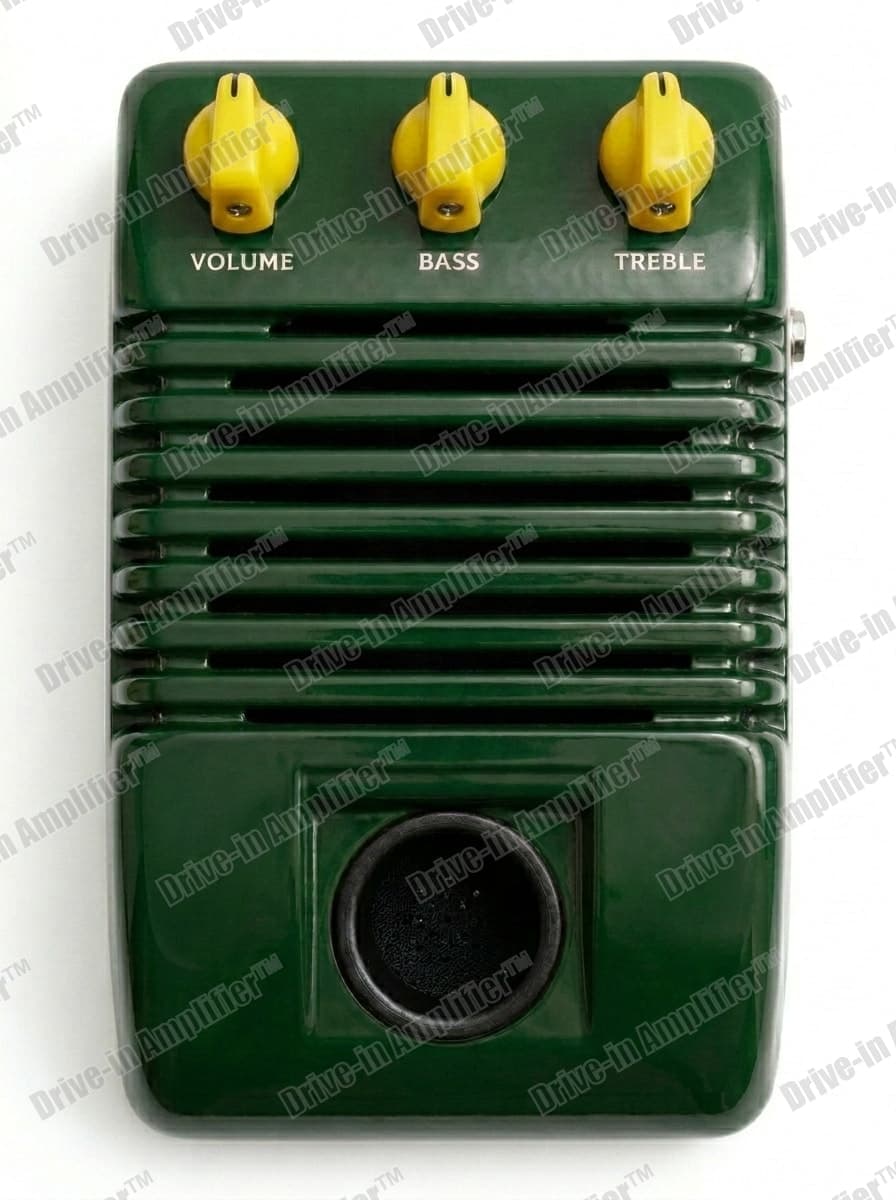 Colin Chapman Lotus amplifier in British Racing Green with yellow knobs, top view