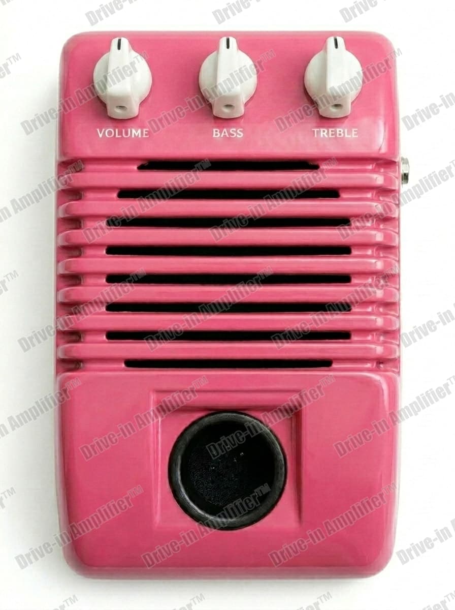 Poodle Pink amplifier with cream knobs, top view